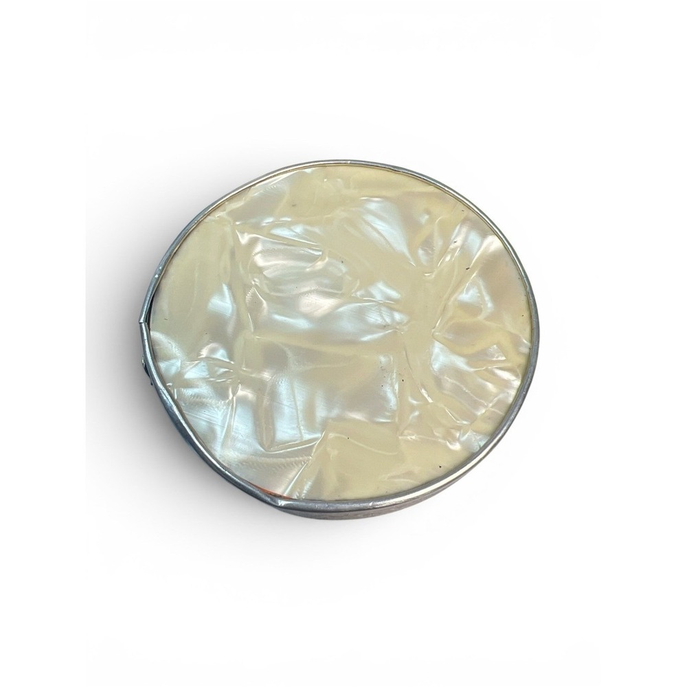 Vintage 60s Mother-of-Pearl Style Round Double Compact Travel Mirror Japan 3.5"